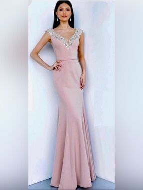 Jovani Blush Pink Embellished V-Neck Mermaid Prom Gown